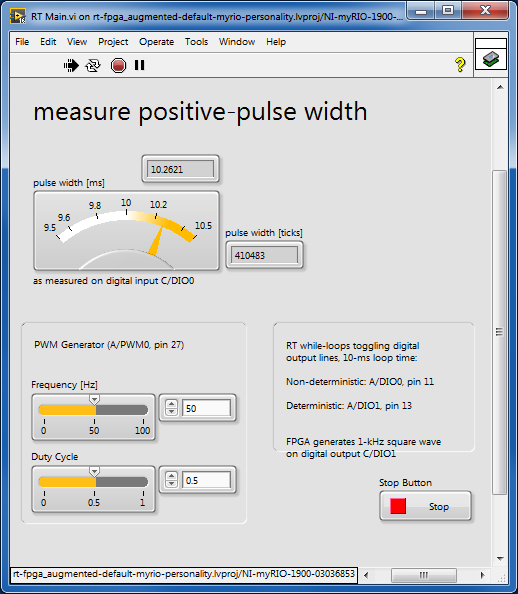 LabVIEW RT front panel: display the measured pulse width measurement in ms and FPGA clock ticks; list of pulse output sources