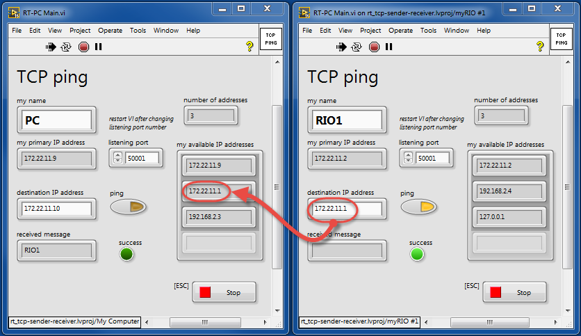LabVIEW front panels: send a message from myRIO to PC host via TCP