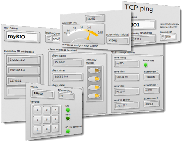 Screenshot montage of various LabVIEW application VI front panels