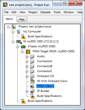 Screenshot of LabVIEW Project Explorer window for newly-created FPGA project
