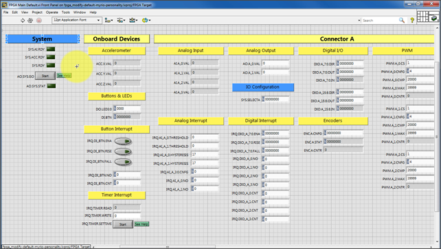 Screenshot of LabVIEW VI front panel of the default Academic RIO Device FPGA personality