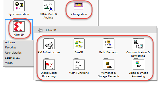 Screenshot of Xilinx IP subpalette and IP Integration node