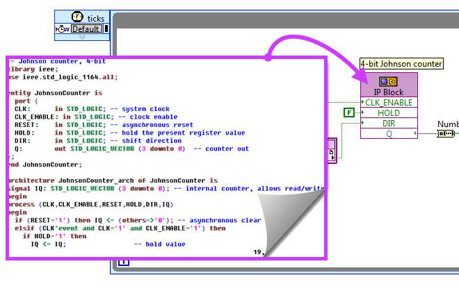 LabVIEW FPGA block diagram snippet: VHDL code for a 4-bit Johnson counter inserted into an IP Integration node