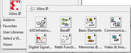LabVIEW FPGA block diagram subpalette for Xilinx IP functions