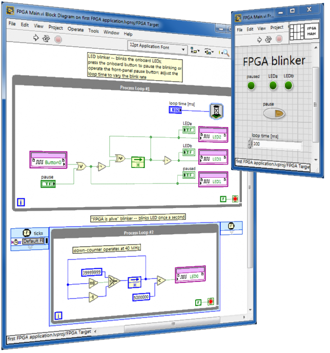 Screenshot of LabVIEW VI block diagram and front panel of 'FPGA Main'