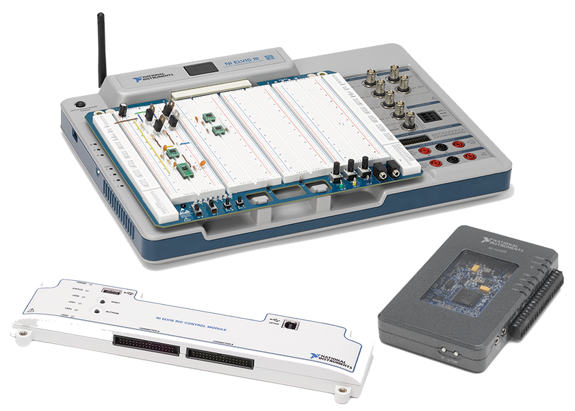 Photographs of NI myRIO-1900 (enclosed system), myRIO-1950 (single-board system), and NI ELVIS RIO Control Module