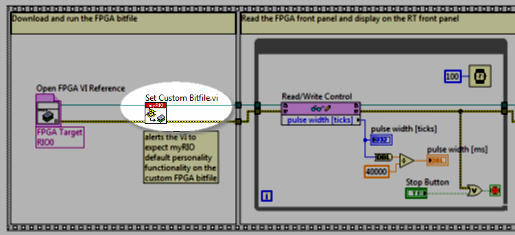 LabVIEW RT block diagram snippet: Programmatically set a custom FPGA bitfile; alert the VI to expect myRIO default personality functionality on the custom FPGA bitfile
