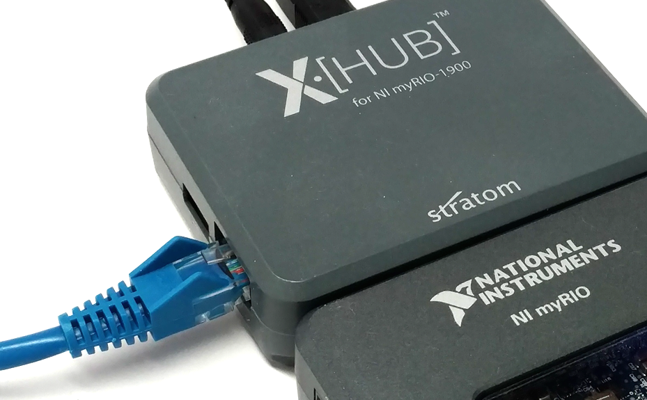 Photo of X-HUB Ethernet adapter attached to myRIO device