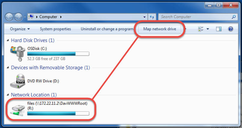 Windows Explorer window showing myRIO file system as a mapped network drive
