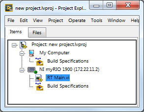 Screenshot of LabVIEW Project Explorer window for newly-created RT project