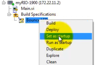 Screenshot from LabVIEW Project Explorer showing the "Set as startup" action