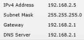 Screenshot from NI MAX showing the IP address, subnet mask, gateway address, and DNS server address