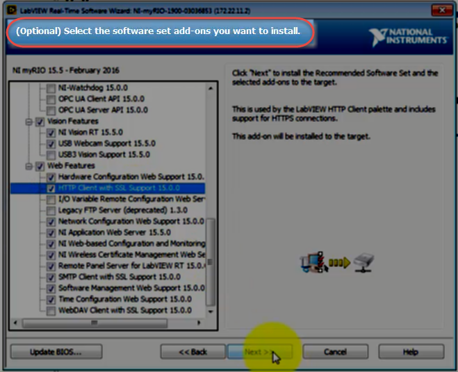 Screenshot of LabVIEW Real-Time Software Wizard displaying currently installed and available software sets